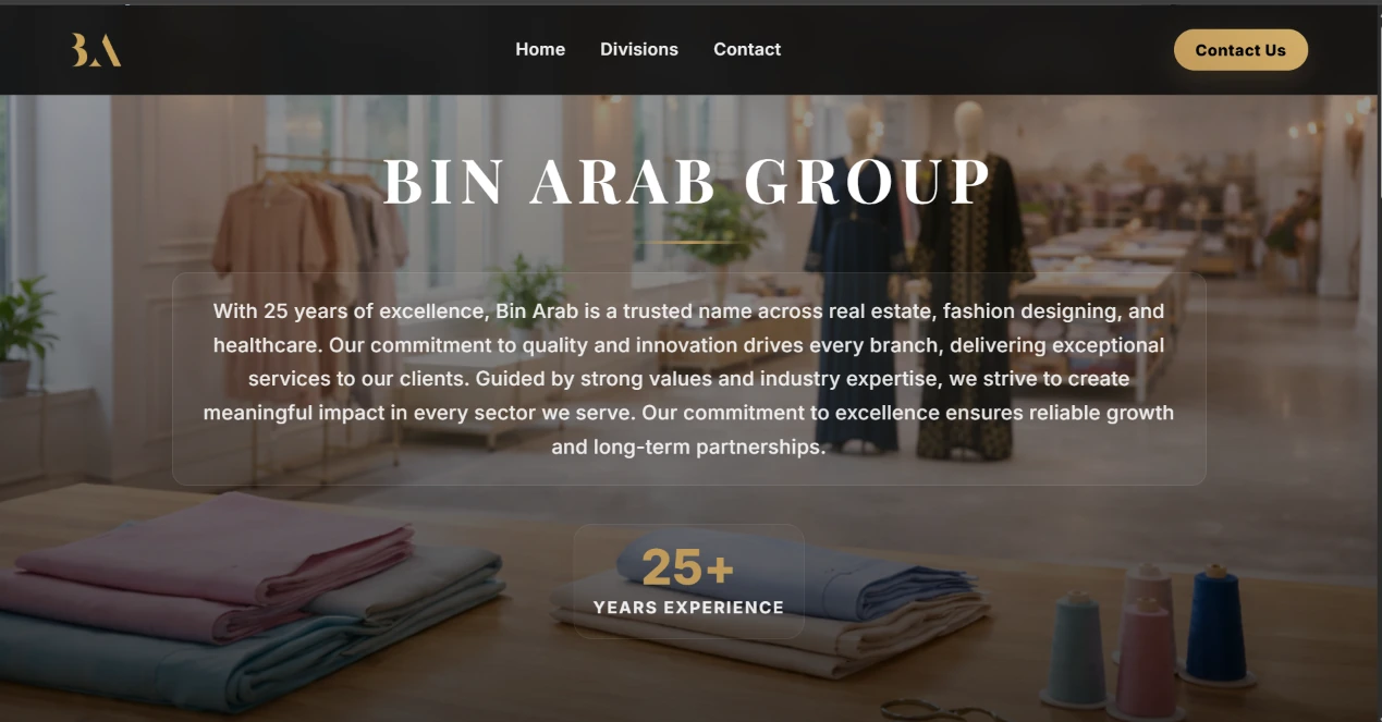 Screenshot of the live Bin Arab Group website homepage